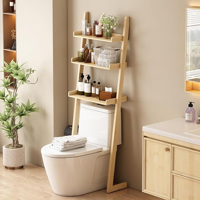 Solid Bamboo Over the Toilet Storage, 3-Tier Freestanding Toilet Shelf | Solid bamboo over toilet bathroom organizer, anti-slip base for stability, space-saving storage for bathroom and balcony