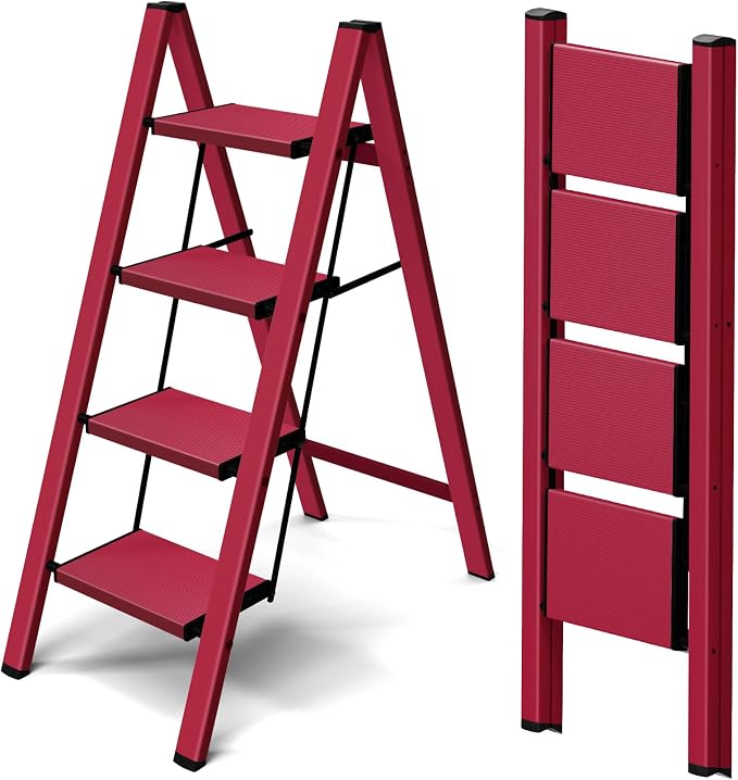 Taranta 4 Step Stool Foldable,Aluminum Step Ladder-Red | Lightweight,Wide Anti-Slip Pedals,Folding Step Stool,330lbs Capacity Stepladder for Household,Kitchen,Office