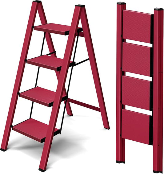 Taranta 4 Step Stool Foldable,Aluminum Step Ladder-Red | Lightweight,Wide Anti-Slip Pedals,Folding Step Stool,330lbs Capacity Stepladder for Household,Kitchen,Office