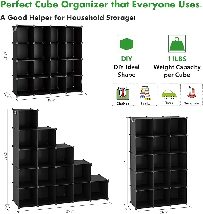 C&AHOME 16 Cube Storage Organizer Cube Shelves Units Storage Cubes, Black | Plastic DIY Closet Organizer, Stackble Modular Closet Storage Shelves Ideal for Home, Bedroom, 48.4" L × 12.4" W × 48.4" H