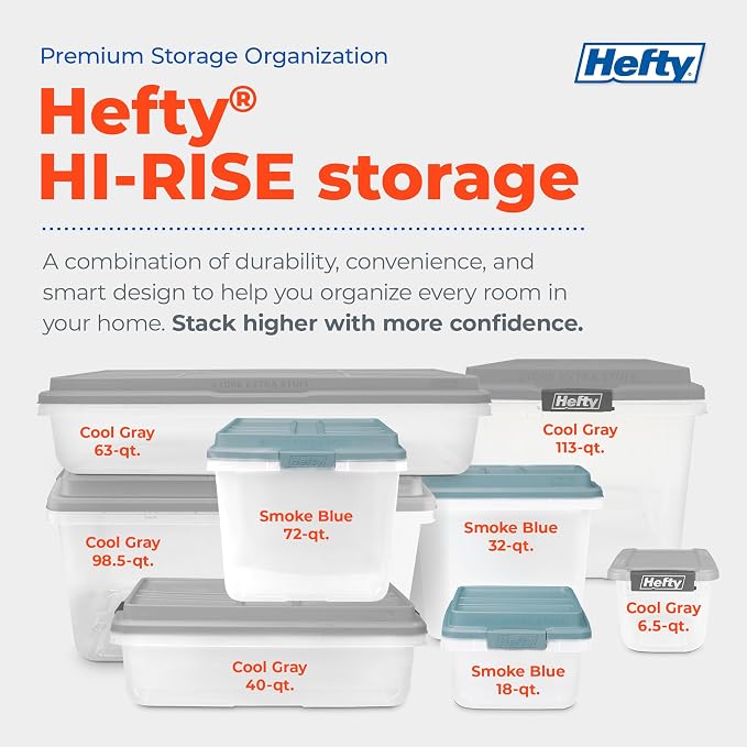 Hefty 113 Qt Hi-Rise Storage Bin with Lid, Stackable Plastic Storage Container, Organizer for Home, Garage & Closet, 4 Pack, Gray