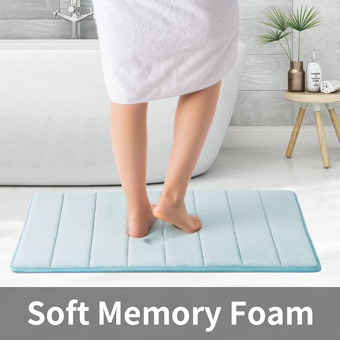 ROSMARUS Memory Foam Bath Mat, 20''x32'', Aqua Blue | Water Absorbent, Ultra Soft, Non Slip, Thick Foam, Bathroom Rugs for Floor & Tub, Machine Washable Care