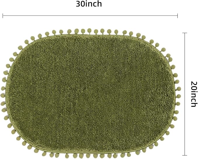 YIRDDEO Oval Rug for Bathroom, Cute Boho Bath Mat with Pom, Olive Green | Soft Plush, Absorbent, Quick Dry, Machine Washable, Non Slip Bath Mat for Bathroom Shower Floor Home Decor
