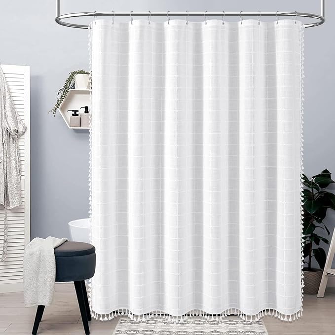 48x72 Boho Farmhouse Linen Heavy Duty Fabric Shower Curtain Set, White | Stall Size, 330GSM Linen Blend, 3-side Tassels, Water Repellent Cloth, 8 Plastic Hooks, Rustic Bohemian, Machine Washable