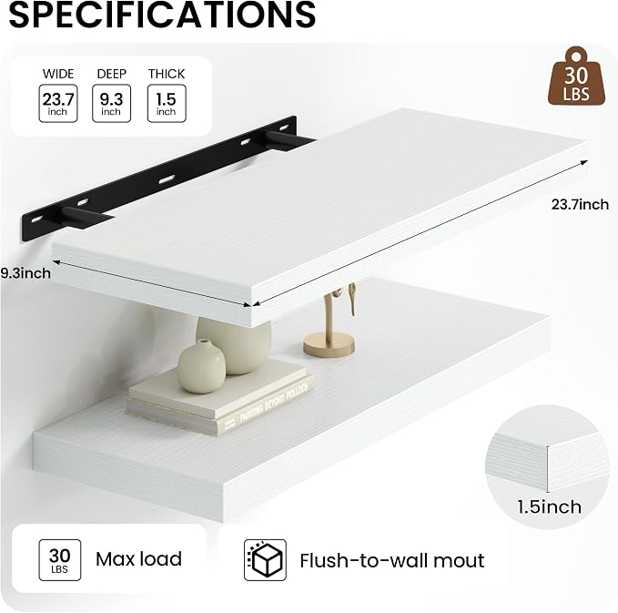 Heimlove 24 inch Floating Shelves for Wall,9.3 inch deep White Wood Shelves with Invisible Brackets,Wall Mounted Storage & Display Shelves for Bedroom,Living Room,Set of 2