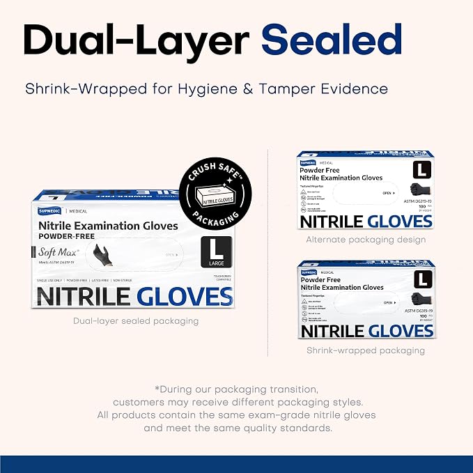 Soft Max Disposable Nitrile Exam Gloves, Powder-Free Black 100 Ct | Soft Max™ Disposable Nitrile Exam Gloves Latex-Free Powder-Free Medical Food Safe Cooking Cleaning, 100 Ct Black