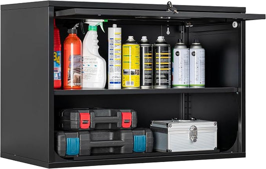 Fesbos Metal Storage Cabinet Black Wall Cabinets with Shelf and Locking Door - Wall Mounted Storage Cabinet for Garage Warehouse Home Office - Assembly Required
