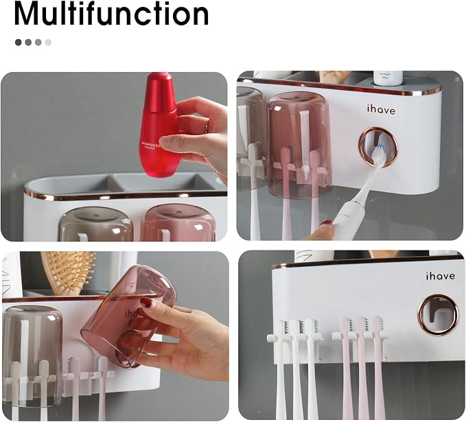 iHave Toothbrush Holders for Bathrooms Wall Mounted with Dispenser & 2 Cups | 6 Slots Wall Mount Toothbrush Holders for Bathrooms with Squeeze Toothpaste Dispenser, 2 Cups & 2 Compartments Organizer