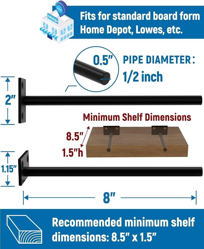 LEOPO 8-Pack 8 inch Floating Shelf Brackets, Hidden Shelf Bracket for Wood | Concealed Blind Shelving Support, Invisible Black Brackets for DIY Decorative, Fit for Kitchen, Bathroom,Study Room