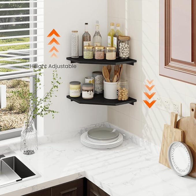 Corner Shelf Wall Mount, Set of 2 Corner Floating Shelves with Wire Hole for TV, Cable Box, Wood Hanging Storage Shelf Organizer for Bathroom Kitchen Living Room Bedroom, Black