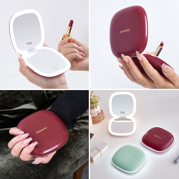 Mocado Compact Mirror with Light-4 Inches Compact 1x/10x Magnifying Mirror | Double Sides Lighted, 3 Colors Lighting, 0-100% Brightness, Diammable Touch, 1200mAh Rechargeable, For Pocket, Purse