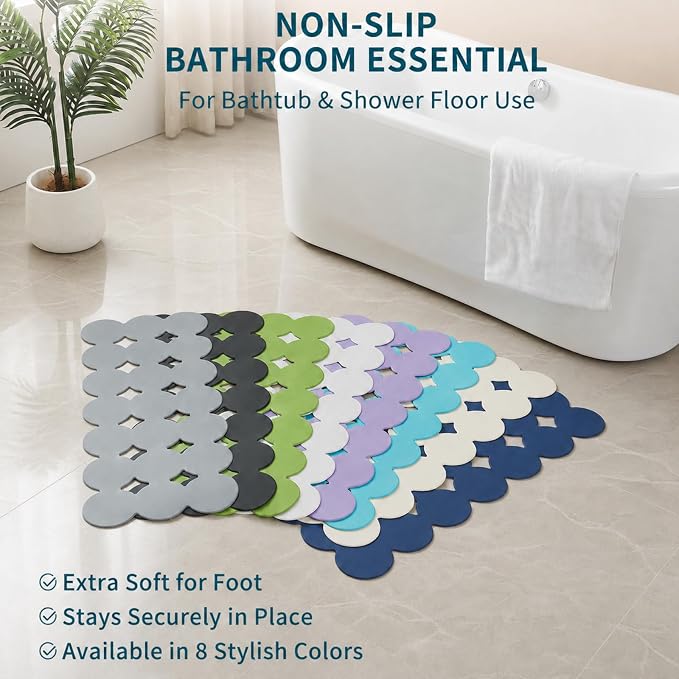 Webos Bathtub Mat Non Slip: Extra Long Rubber Bath Mat for Tub with Strong Suction Cups 15.4" x 37.8" Anti Slip Shower Mat, Big Drain Holes Bathroom Mats for Tub & Shower, Circle-Grey