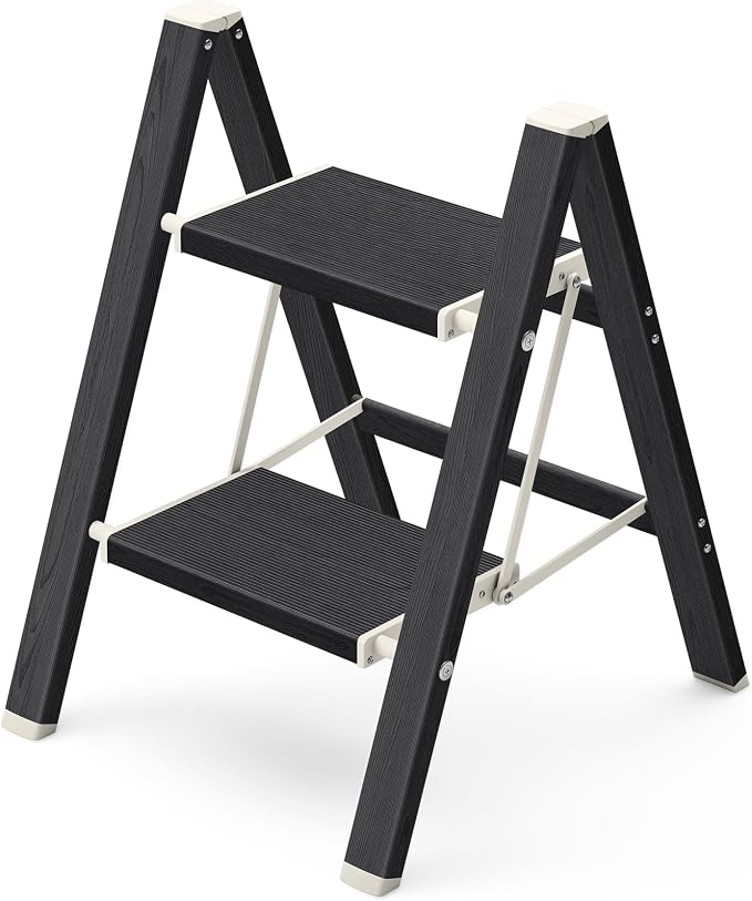Mayi Plus 2 Step Stool Foldable, Aluminum, Lightweight Step Ladder | Extra-wide anti-slip folding steps with 330 lbs, for home,kitchen,office,outdoor,Ebony woodgrain