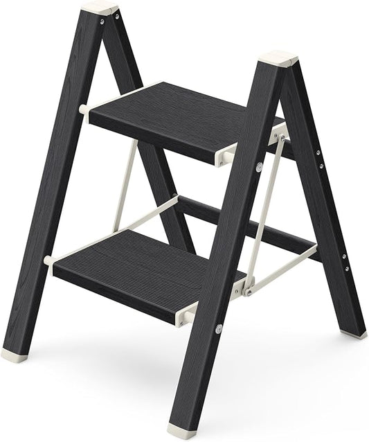 Mayi Plus 2 Step Stool Foldable, Aluminum, Lightweight Step Ladder | Extra-wide anti-slip folding steps with 330 lbs, for home,kitchen,office,outdoor,Ebony woodgrain