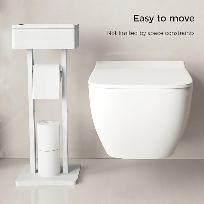 4-in-1 White Toilet Paper Holder Stand with Storage Shelf Box | Bamboo Free Standing Toilet Tissue Roll, Toilet Wipes Dispenser Organizer, Temporary Desktop for Modern Bathroom Organizer