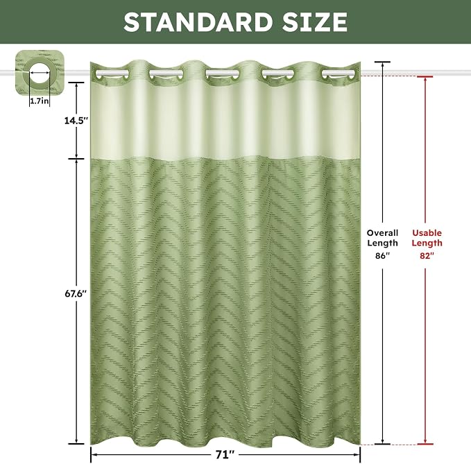 FADOTY Green No Hook Shower Curtain Set with Snap in Liner, 71'' x 86'' | Bathroom Hotel Fabric Curtain, Waterproof Washable Liner, See Through Top Window, Ringless Chevron Tufted Cloth Curtain