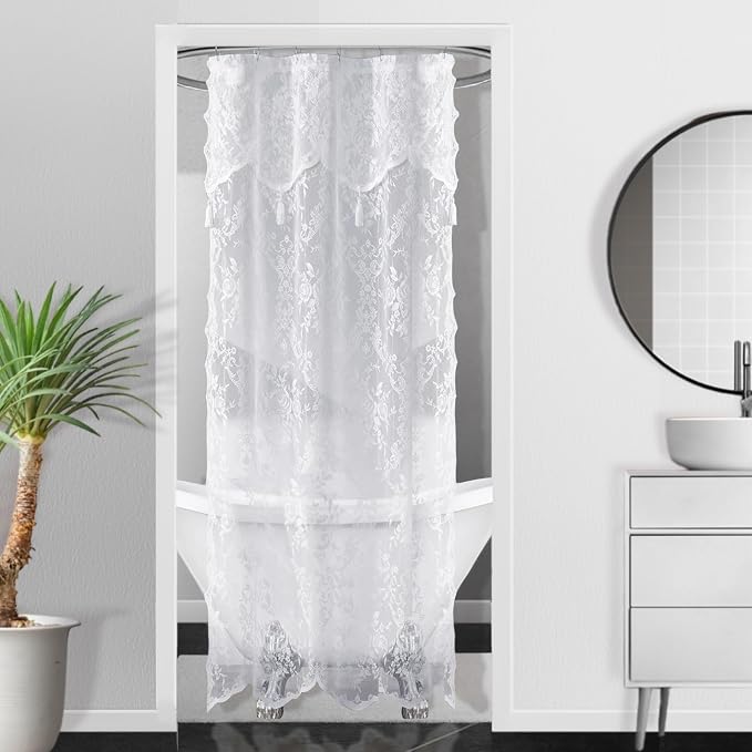 Warm Home Designs White Stall Shower Curtain with Valance. LA White 36 | Small White Shower Curtain 36 x 72 Inches with Attached Valance & Tassels. Luxury Lace Stall Shower Curtain for Bathroom.