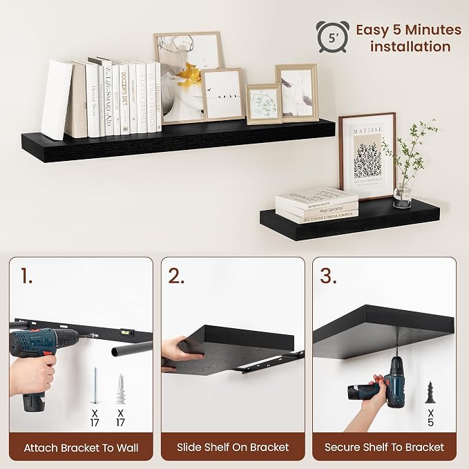 Vivelove Floating Shelves for Wall 18x12” Set of 2, Black | Easy Install With Hardware, 2" Thick, Invisible Brackets, Wall Mounted, No Sagging, For Any Room