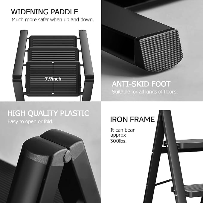 3 Step Ladder, Folding Step Stool, Lightweight Stepladder, Black | Anti-Slip 7.9'' Wide Pedal;Space-Saving;For Kitchen, Home, Library, Office Use;300lbs Capacity