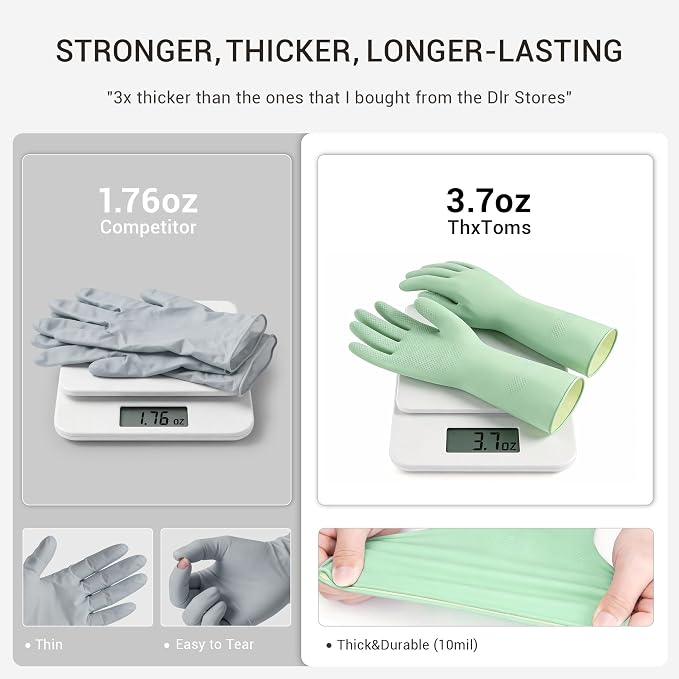 ThxToms 4 Pairs Reusable Dishwashing Cleaning Gloves,10 Mil Thick, 13" | Non-Slip Rubber Kitchen Gloves, Multi-Color, Ideal for Household, Bathroom, Pet Care & Gardening, Medium