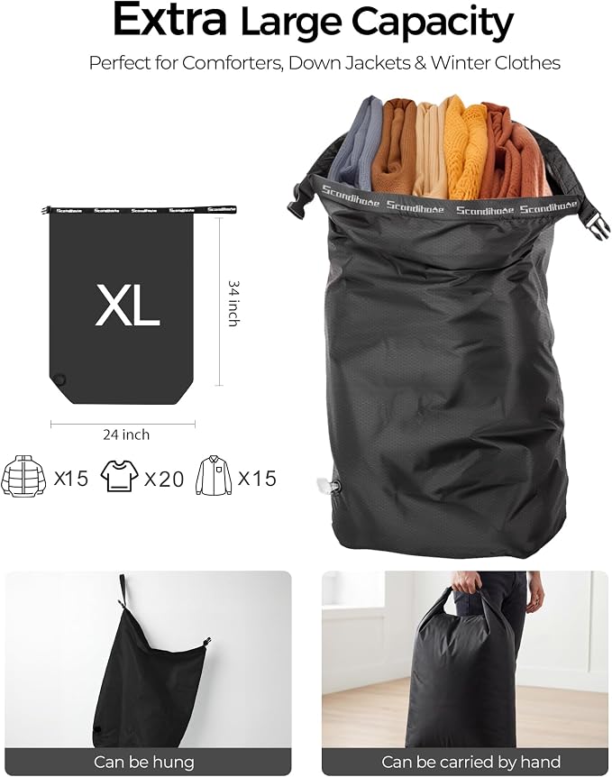Travel Laundry Bag, Pump-Free Vacuum Compression Dirty Clothes Bag, Extra Large Reusable Waterproof & Washable Laundry Bag, Ideal for Suitcases, Road Trip Essentials, Black, 1 Pack (XL)