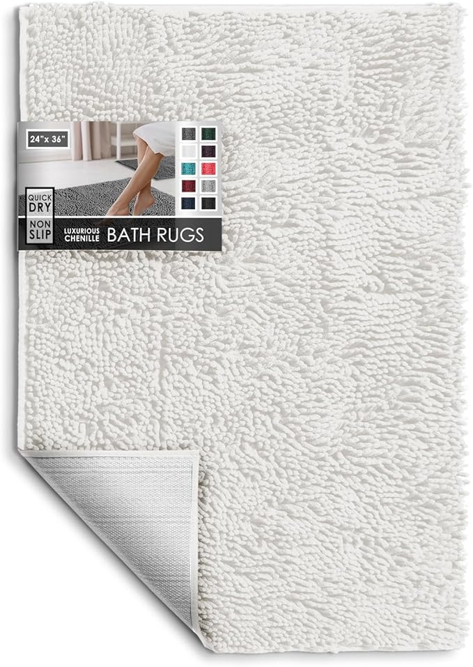 Hearth & Harbor Bathroom Rugs, Chenille Bath Mat - Machine Washable Bath Mats for Bathroom Non-Slip Backing Rubber, Quick Dry Bathroom Mat - White 24x36