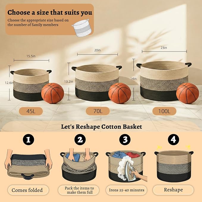 Artfeel 40L Large Cotton Rope Basket, Decorative Woven Blanket Storage for Living Room, Boho Toy Storage & Toy Box for Kids, Versatile Laundry Basket & Nursery Hamper for Blankets(BlackBrown)