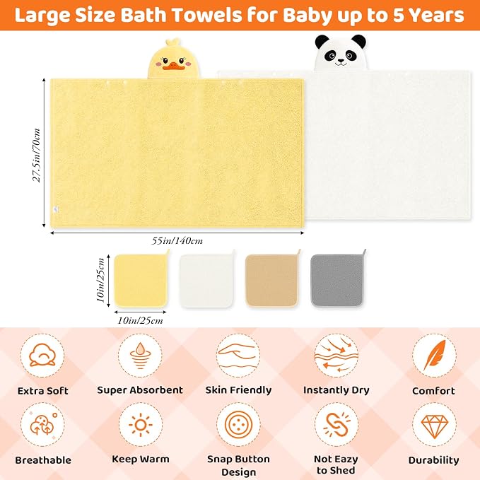 6 PCS Toddler Towels Set for Boy Girl 0-5 Year Essentials, Yellow & White | Large Size 55"x27.5", 2 PCS Hooded Baby Bath Towels & 4 PCS Washcloths, Ultra Soft, Thick and Absorbent, Newborn Essentials