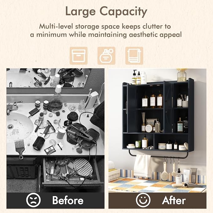 RUSTOWN Rustic Bathroom Wall Storage Cabinet with 2 Barn Doors, Navy Blue | Farmhouse Medicine Cabinet, Wall Mounted, Space Saving, 3-Tier Adjustable Shelves, Towel Bar, 5 Hooks