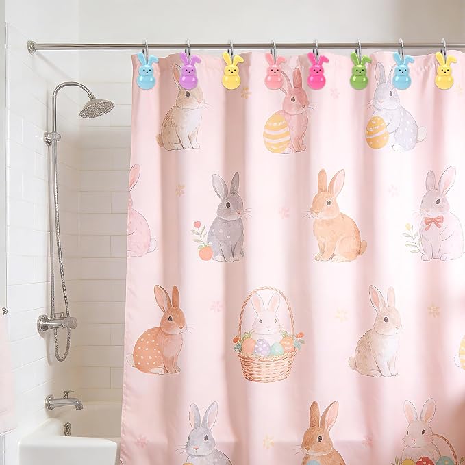 Easter Shower Curtain Hooks, 12Pcs Stainless Resin Bunny Rings | Perfect Festive Bathroom Decor, Elevates Living Room, Charming Bedroom Accents，Stainless Steel Hooks,Crafted Premium Resin