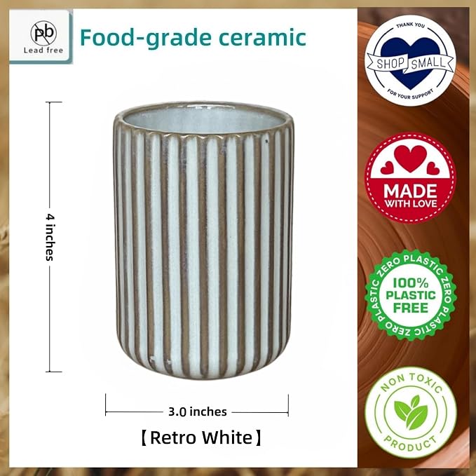 Stoneware Toothbrush Holder for Bathroom Tooth Brush Holder for Bathroom Toothbrush Cup Toothbrush Holders Cute Fluted Vertical Ribbed Stripe (Retro White)
