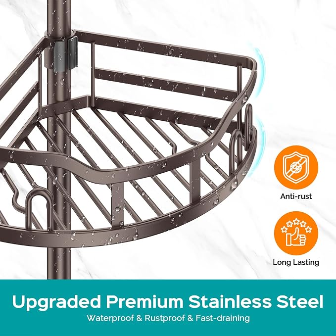 HAMITOR Corner Shower Caddy Tension Pole: Rustproof Stable 4-Tier Bathroom Organizer Shelves for Bathtub Shampoo Storage - 47-121 Inch Quick Install Adjustable Standing Rack with Soap Rack - Bronze