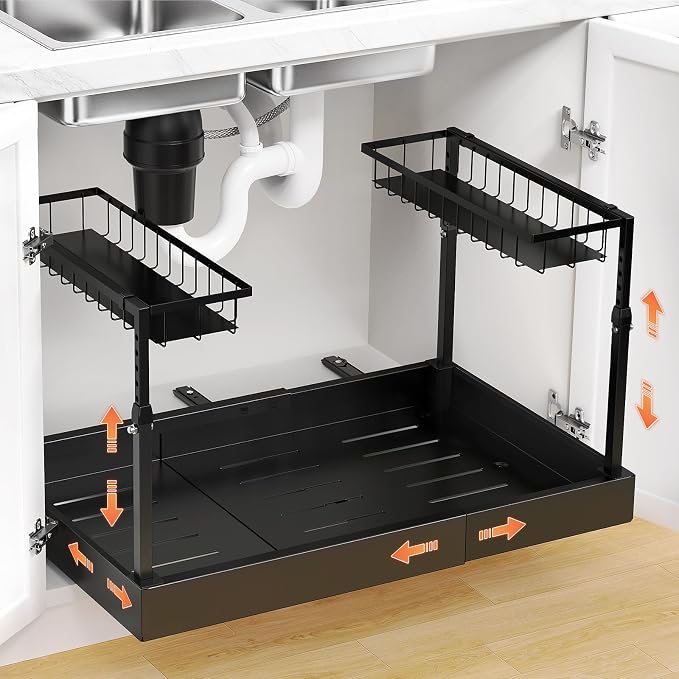 Aisslro Under Sink Organizer, 2 Tier Pull Out Cabinet Organizer, Expandable & Adjustable Slide Out Shelf 13.2''–20.3'', Under Sink Storage for Kitchen Bathroom Laundry Cabinet Storage, Black