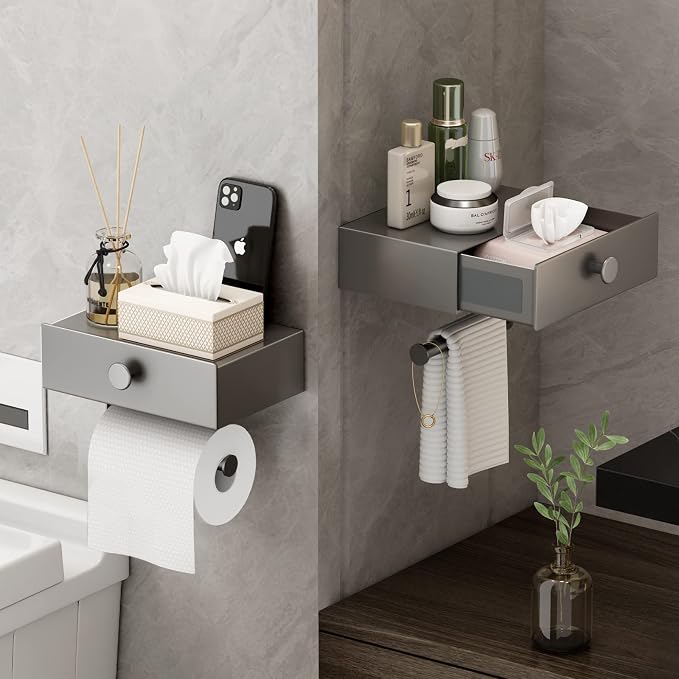 VOLDRA Toilet Paper Holder with Shelf Gray Wipes Dispenser for Bathroom Toilet Paper Holder with Storage Upgrade Drawer Design Toilet Tissue Holder Adhesive Small Bathroom Shelf Wall Mount