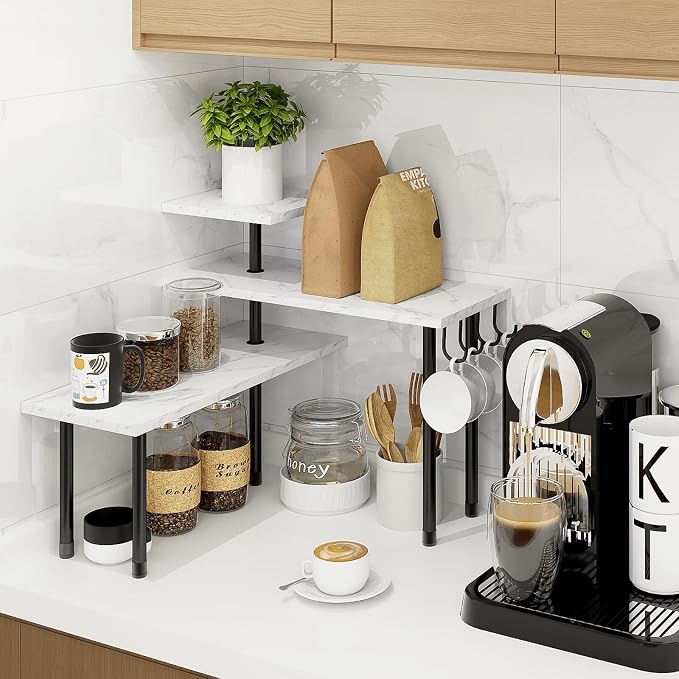 Bathroom Counter Corner Shelf, 3 Tier Kitchen Countertop Organizer for Over The Sink, Make Up, Dresser Table, White Marble