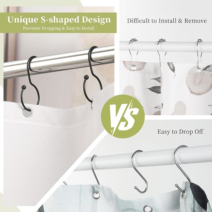 24 Pack Shower Curtain Hooks, Anti-Fall S-Shaped Shower Curtain Ring, Decorative Black Shower Curtain Hooks Rings Rust Proof Shower Rings for Curtain, Shower Hooks for Shower Curtain, Black