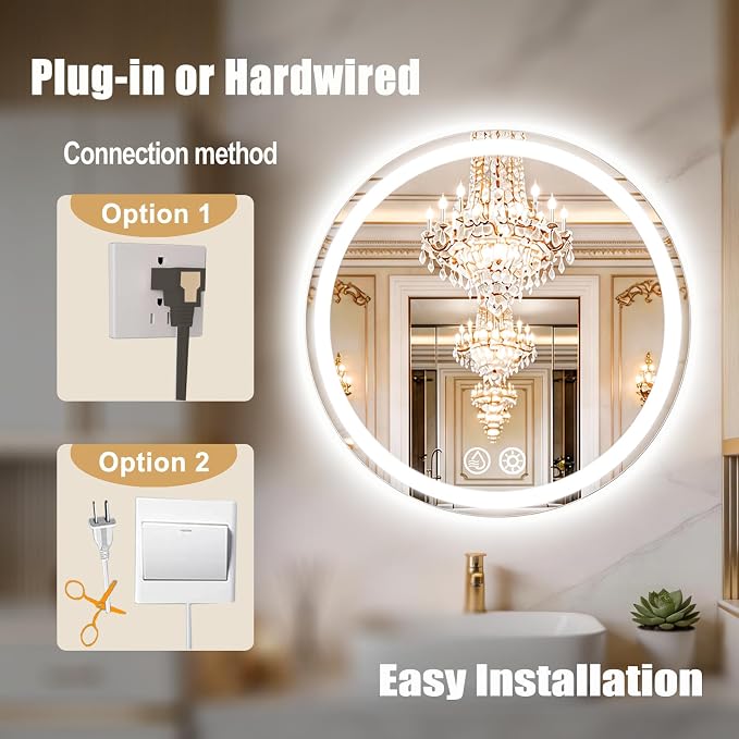LTFUUAI 28" Round LED Bathroom Mirror with Lights, Front & Back Light | Lighted Bathroom Mirror, Touch 3-Color Stepless Dimming, Wall Mounted, Anti-Fog Shatterproof, UL Listed