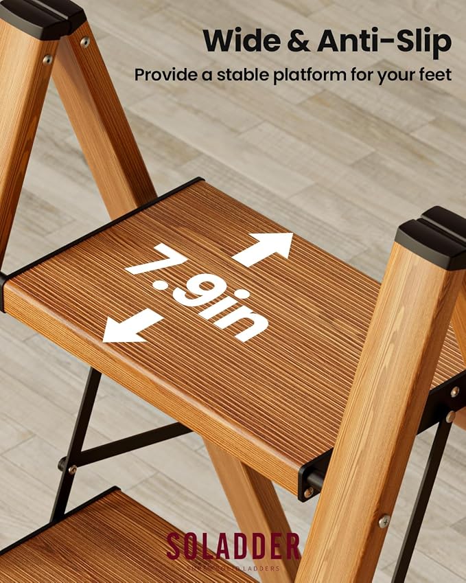 3 Step Ladder, Lightweight Folding Step Stool, Woodgrain | Anti-Slip 7.9'' Wide Pedal;Space-Saving;For Kitchen, Home, Library, Office Use;300lbs Capacity