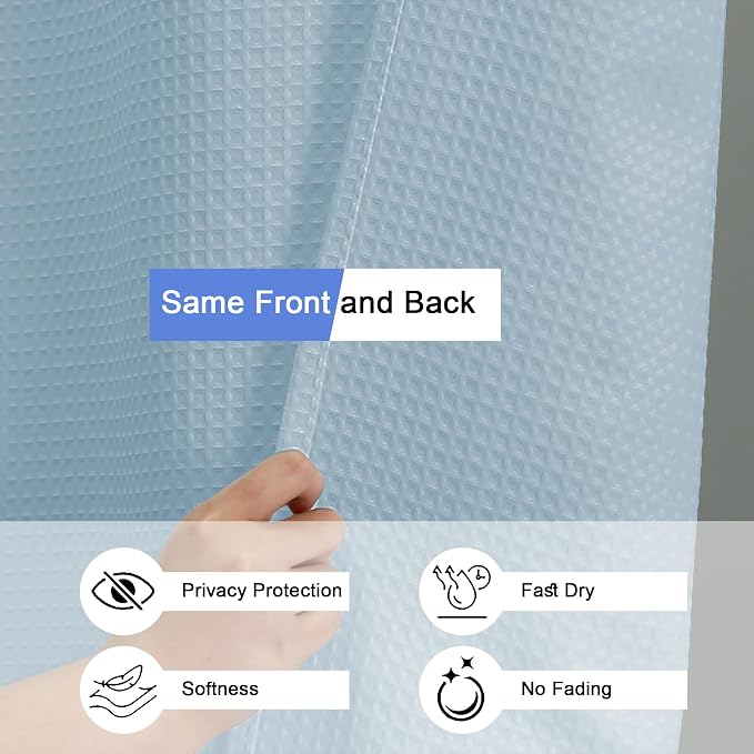 Long Fabric Shower Curtain Set, Waffle Textured Shower Curtain for Bathroom - Weight 230GSM Heavy Duty Hotel Spa Luxury Bath Curtain Set with 12 Plastic Hooks, 72Wx78L, Glacier Blue