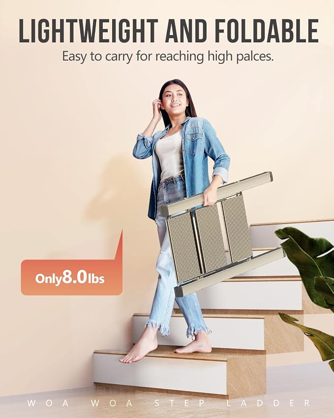 3 Step Foldable Step Stool, 300lbs Load, Gold | Folded 35''H x 2''T; Net 7.99 lbs; Non-Slip Feet: Wood/Tile/Carpet; Rigid Aluminum Steps; No Assembly; Ready From Box.
