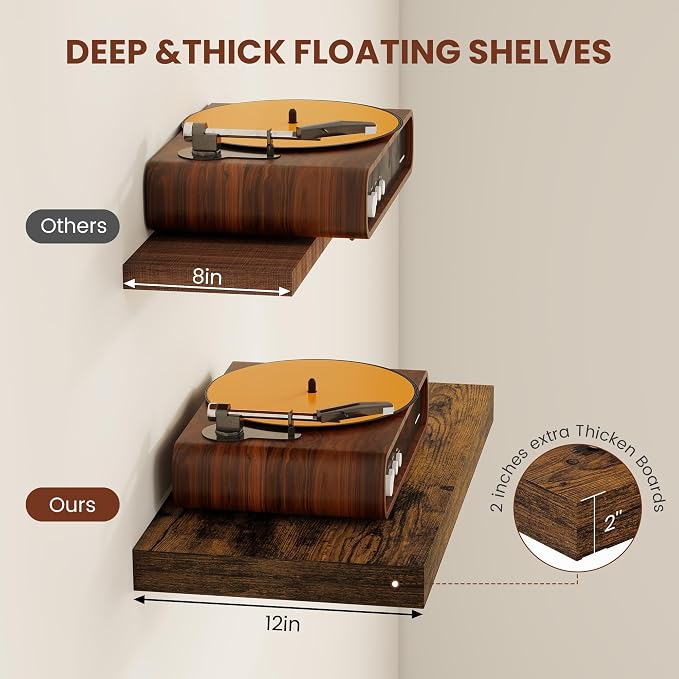 Vivelove 12" Deep Floating Shelves 24x12” Set of 2, Rustic Brown | Easy Install With Hardware, 2" Thick, Invisible Brackets, Wall Mounted, No Sagging, For Any Room