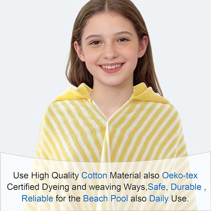 VOOVA & MOVAS Big Kids Hooded Beach Wrap, 8+, 100% Cotton,Yellow White | Yellow Stripe Design, Soft, Absorbent & Quick Dry, Ideal for Girls’ Bath, Beach and Pool Use