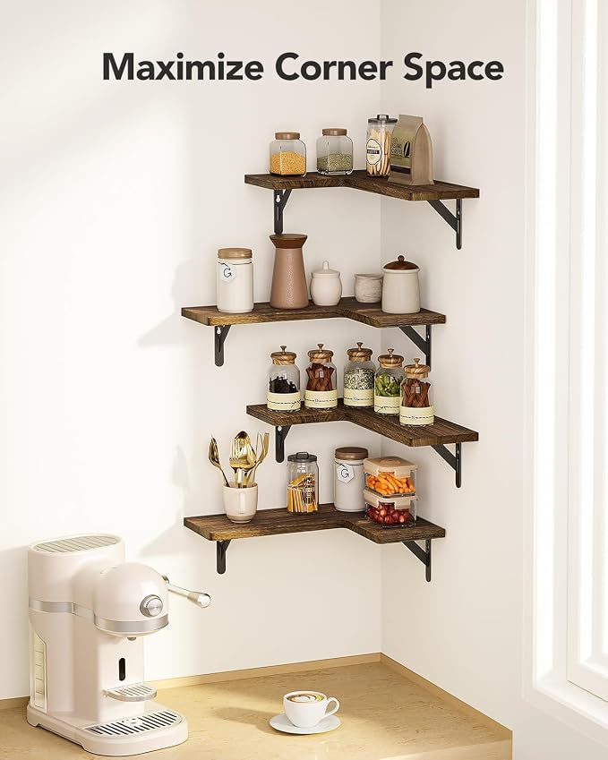 Amada Corner Floating Shelves, Paulownia Wood, Set of 4, Brown | Corner Wall Shelves with Triangular Metal Bracket, 44 lbs Capacity per Shelf, L-Shaped Design for Home Decor, Office, Bedroom