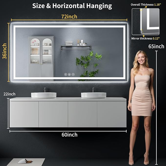 72"x36" LED Bathroom Mirror with Lights, Backlit+Frontlit, Anti-Fog | CRI 95, Stepless Dimmable, 3 Colors Lighting, Shatterproof Tempered Glass, HD Reflection, Memory, (Horizontal/Vertical)