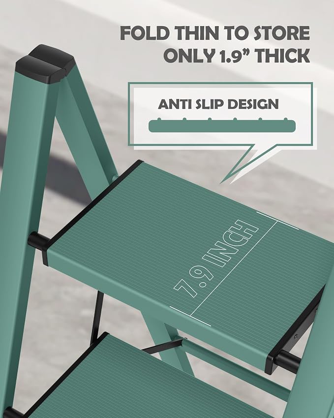 Taranta 3 Step Stool Foldable,Aluminum Step Ladder-Green | Lightweight,Wide Anti-Slip Pedals,Folding Step Stool,330lbs Capacity Stepladder for Household,Kitchen,Office