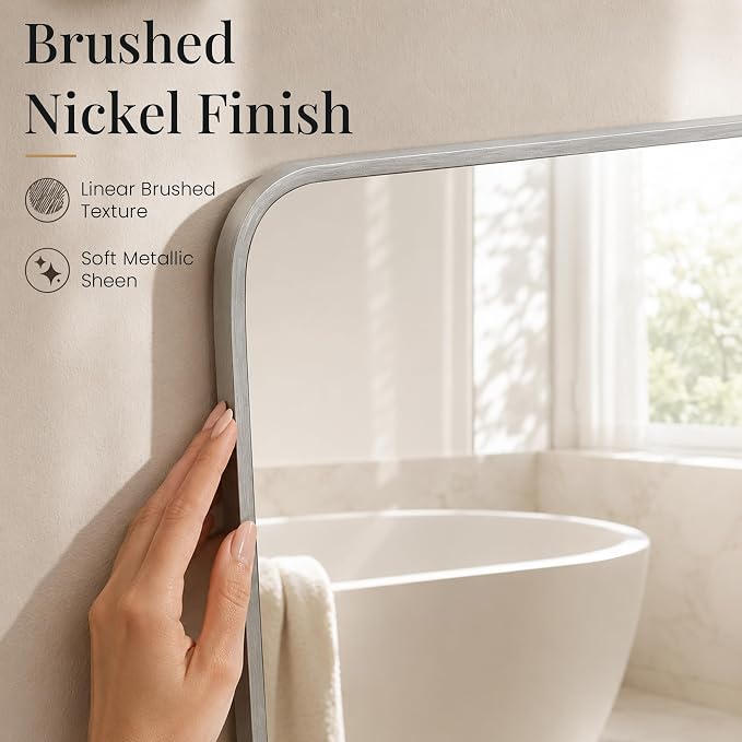 Brushed Nickel Rounded Rectangle Bathroom Mirror, 24x36 Inch | Aluminum alloy frame, soft trapezoid shape, tempered glass, reversible vertical keyhole mount