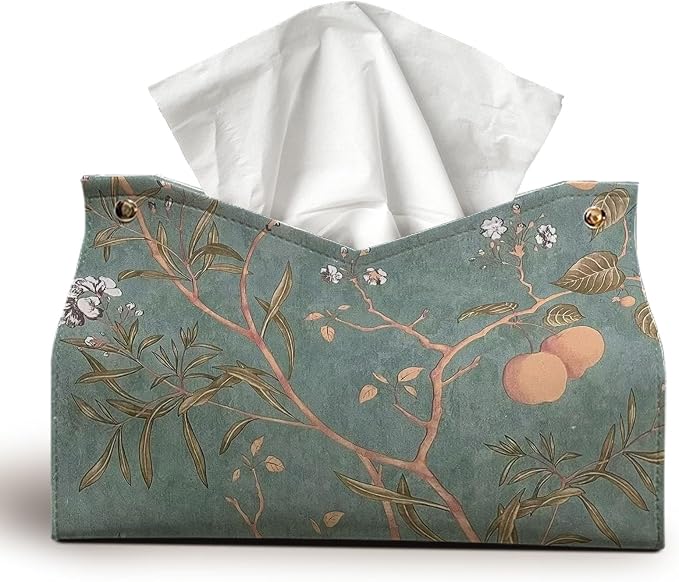 Green Floral Rrectangle Tissue Box Cover 9.8x5.9x7In | Vintage Decorative PU Leather Tissue Box Holder for Bedroom Bathroom,Boho Floral Waterproof Tissue Box Cover for Women