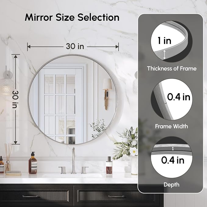 30 Inch Brushed Nickel Round Bathroom Mirror for Over Sink | Circle Mirror with Aluminum Frame, Wall Mirror for Vanity, Entryway, Living Room, Hallway and Bedroom Decor
