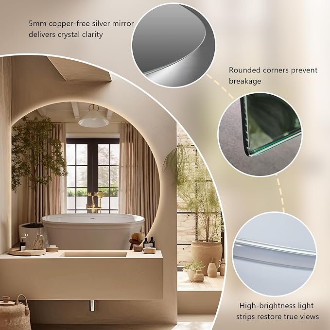 44" Half Moon LED Bathroom Mirror, Backlit Wall Mirror with Lights | Frameless Vanity Mirror with 3 Color Dimmable, Anti Fog, HD Shatter-Proof, IP65 Waterproof, Memory, CRI95+, Right/Left Cut