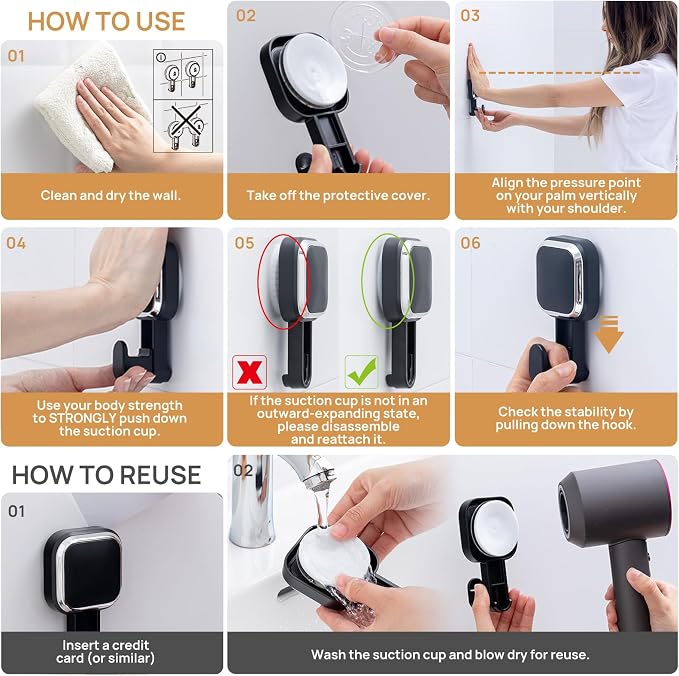 4 Pack Suction Cup Hooks for Inside Shower, Powerful Vacuum Suction Shower Holder for Towel, Loofah, Clothes, Damage Free Hanging Bathroom Wall Hooks, Easy to Install and Remove, Black
